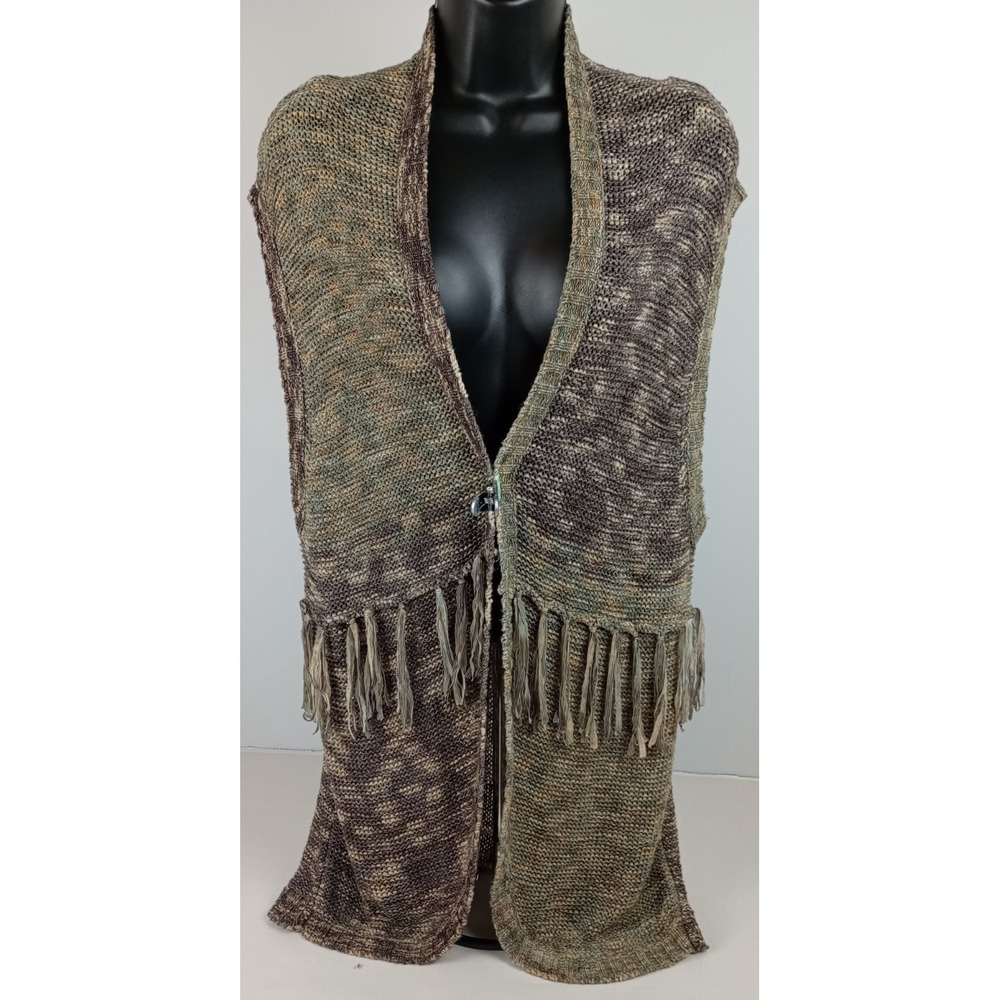 Daytrip Women's XL Fringed Multi-tone Brown Sleeveless Cardigan Sweater